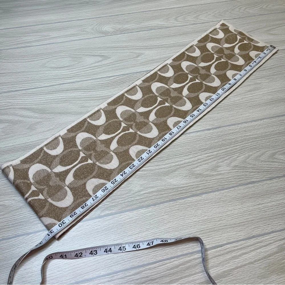 Coach Signature C Logo Tan Metallic Gold Wool Blend Scarf Wrap